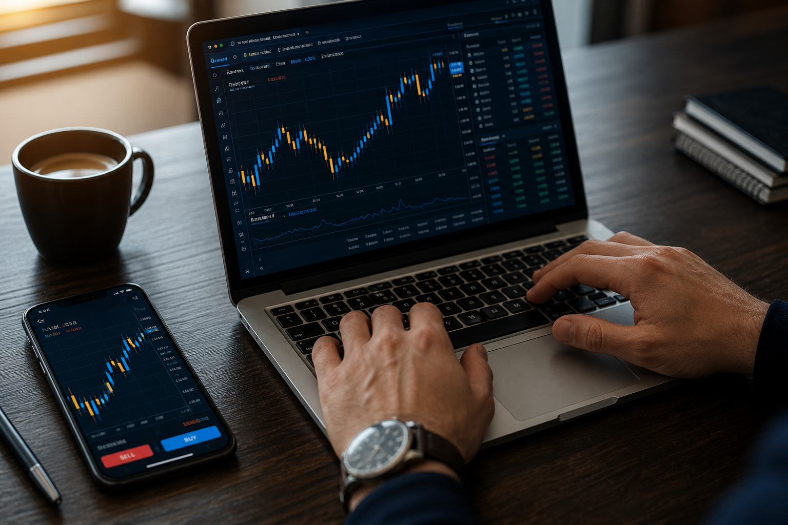 Laptop and mobile forex charts on an operator desk