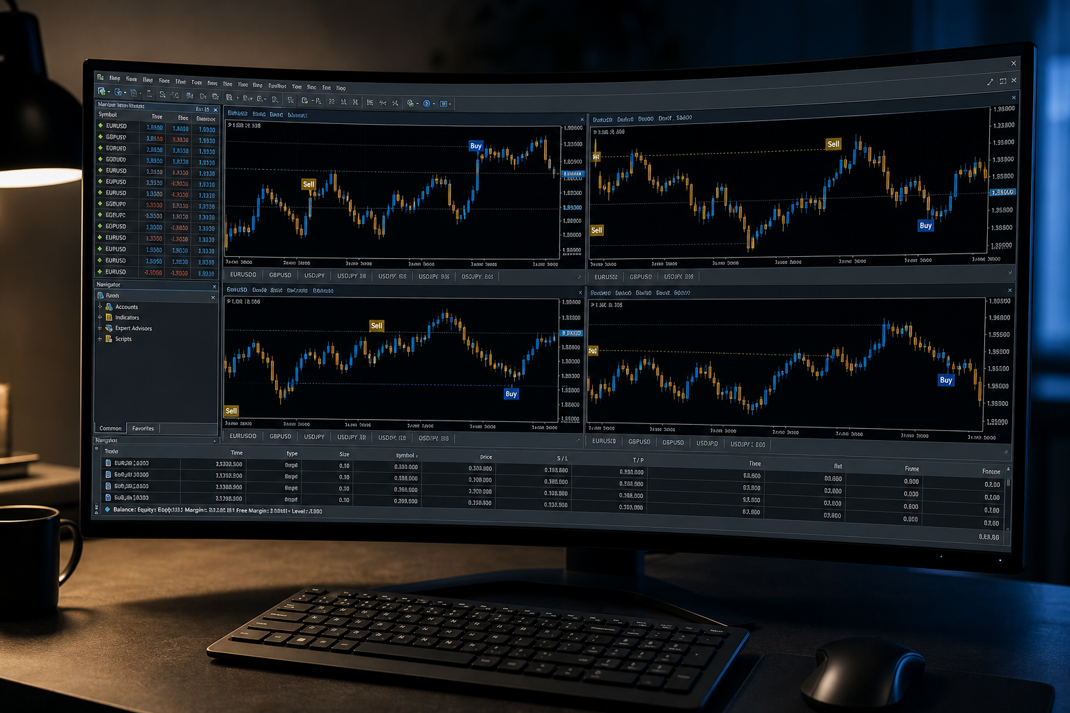 MetaTrader-style terminal on a curved trading monitor