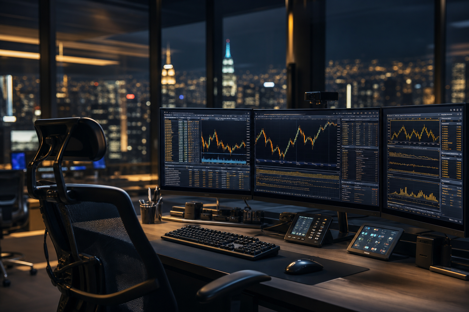 Night trading desk atmosphere